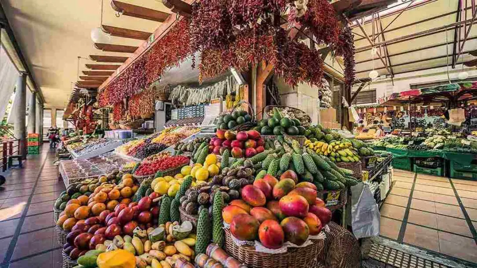 Stalls of tropical fruit and flowers inside Mercado dos Lavradores, Funchal