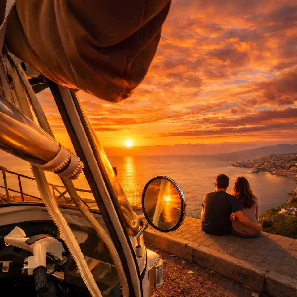 Tuk tuk parked at a Madeira viewpoint at sunset over the ocean